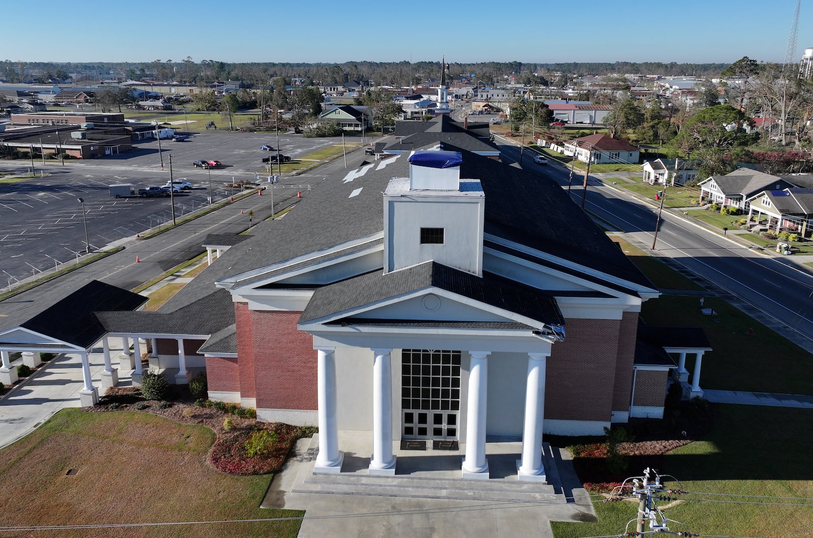 The steeple atop First Baptist Church-Hazlehurst is missing in the aftermath of Hurricane Helene on Monday, Oct. 21, 2024, in Hazlehurst, Ga. (Hyosub Shin/AJC)