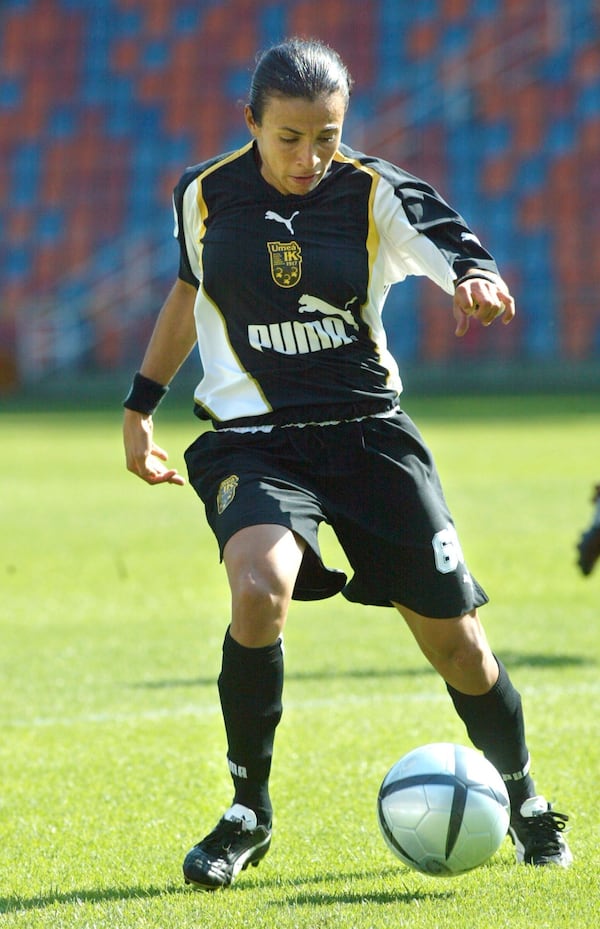 Umea's Marta da Silva drives the ball during the UEFA Women’s Cup final between Umea IK and Frankfurt at the Rasunda national soccer arena in Stockholm, Sweden, Saturday May 8, 2004. (Henrik Montgomery/TT News Agency via AP)