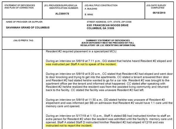 State regulators were told that after a memory-impaired resident wandered out of Savannah Grand of Columbus, the administrator said not to speak of the incident. (Highlights added for emphasis.)