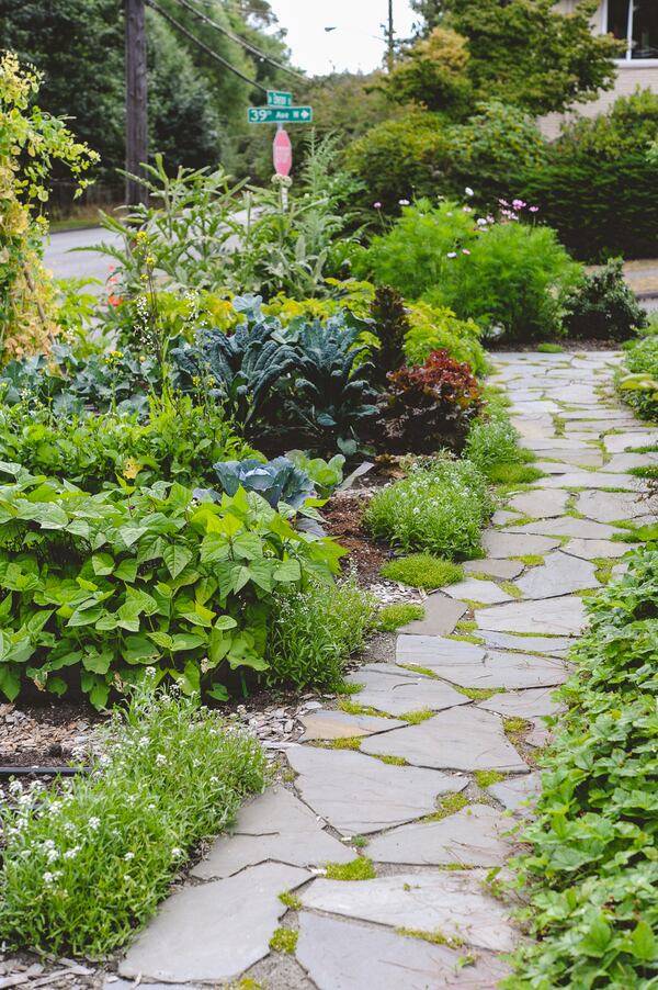 Vegetable gardens don't need to be consigned to raised bed boxes in backyards with no real visual appeal. Instead, garden writer Kelly Smith Trimble suggests gardeners think outside the box and install edible gardens like this front yard garden in Seattle that combines kale, lettuce, peas and beans with ornamental companion plants that attract pollinators, creating a pretty streetside profusion of form and color.
(Courtesy of Hillary Dahl)