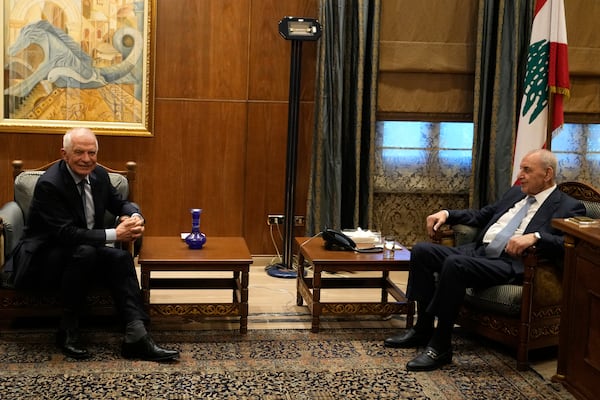 European Union foreign policy chief Josep Borrell, left, meets with Lebanese Parliament speaker Nabih Berri, right, in Beirut, Lebanon, Sunday, Nov. 24, 2024. (AP Photo/Hassan Ammar)