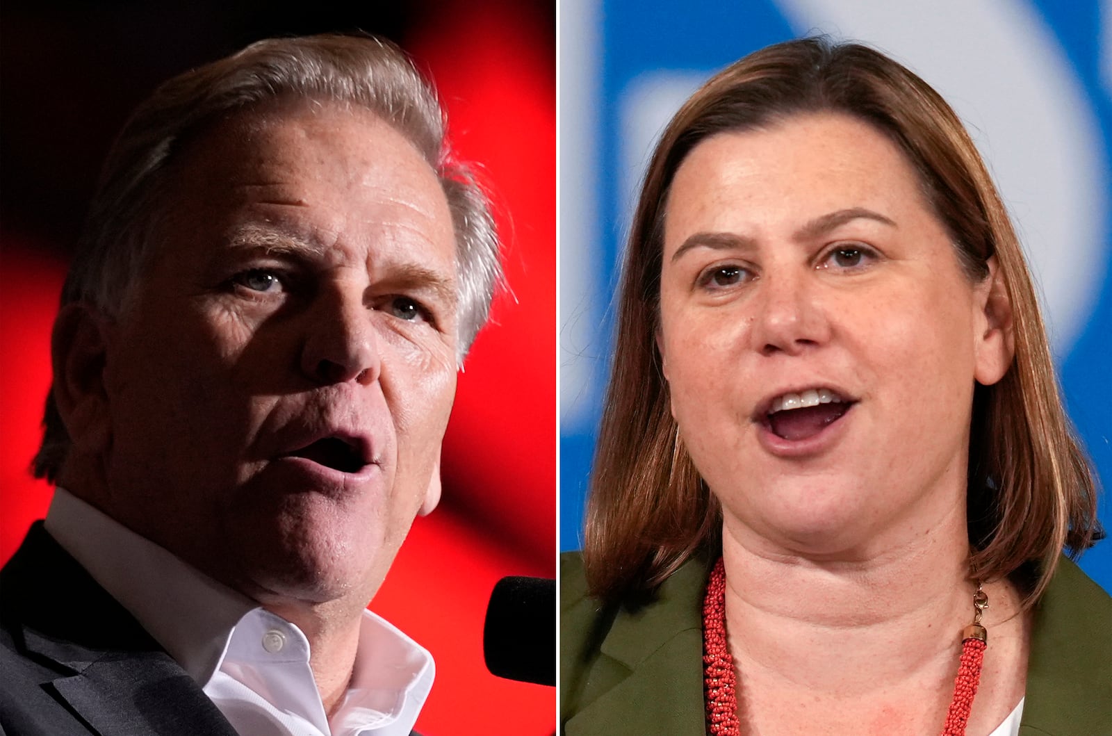 FILE - This combination of images shows from left, Republican Michigan Senate candidate Mike Rogers in University Center, Mich., on Oct. 3, 2024, and opponent U.S. Rep. Elissa Slotkin, D-Mich., in Detroit, on Sept. 2, 2024. (AP Photo Alex Brandon, left; and AP Photo Paul Sancya, File)