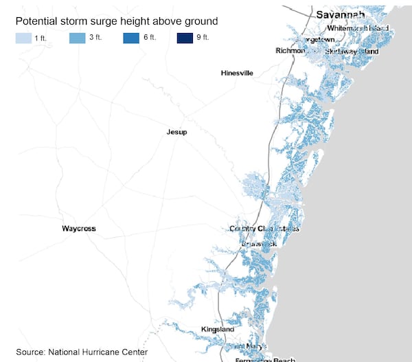 A map of potential storm surges on coastal Georgia during Hurricane Irma.