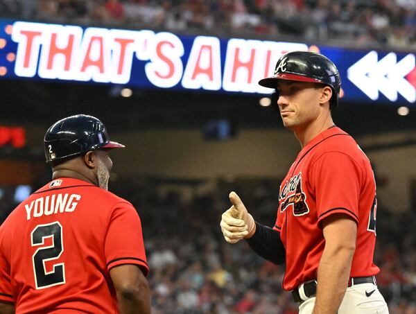 Atlanta Braves' first baseman Matt Olson (28) celebrates after hitting a single during the third inning at Truist Park, Friday, September 8, 2023, in Atlanta. Atlanta Braves won 8-2 over Pittsburgh Pirates. (Hyosub Shin / Hyosub.Shin@ajc.com)