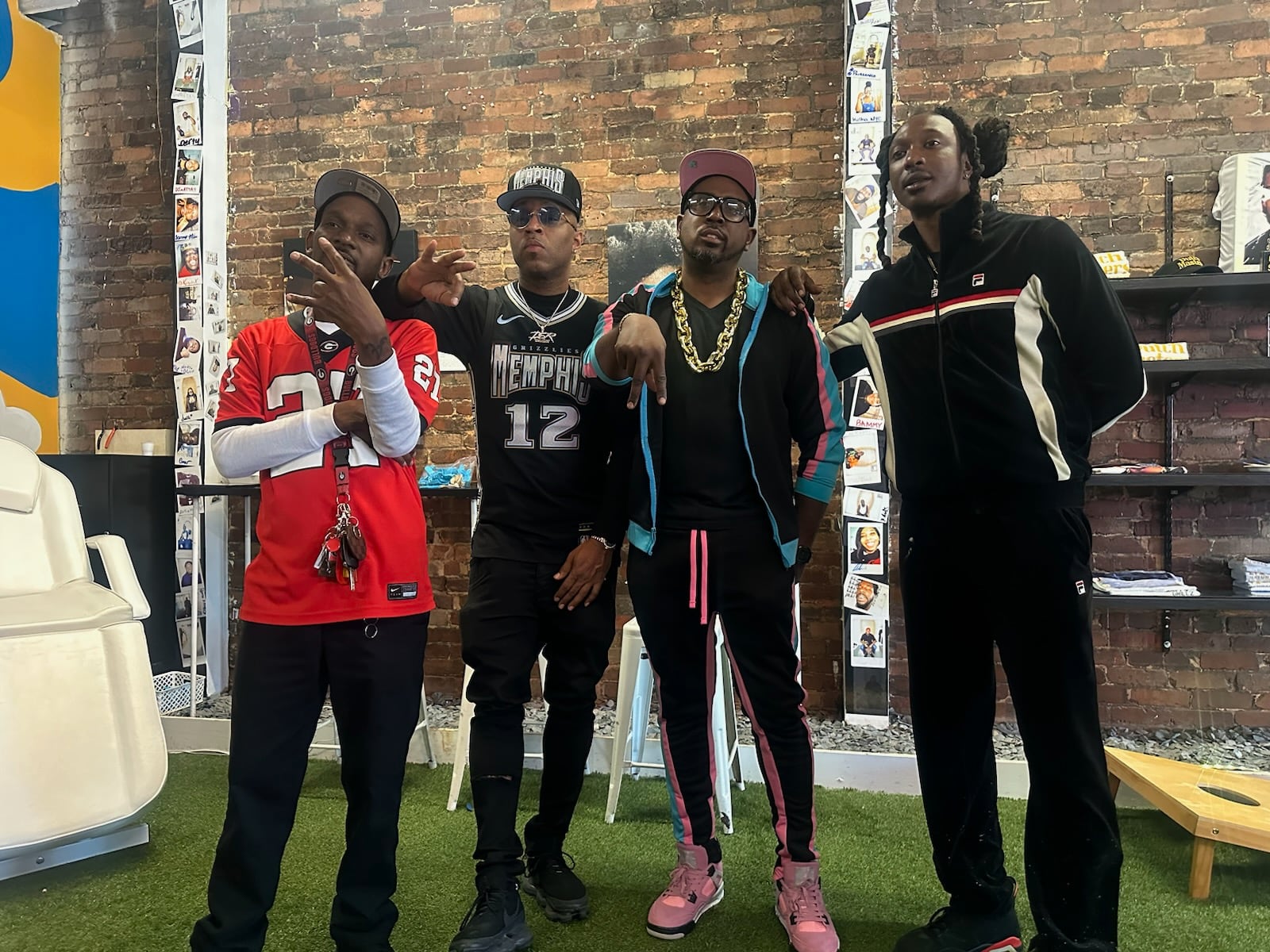 (left to right) Gary Lofton, producer Drumma Boy, FreakNik Reunion 2024 organizer Carlos Neal and custom grills maker Scotty ATL participate in a content shoot for FreakNik Reunion 2024 on April 20, 2024 in Atlanta, Georgia. (Photo courtesy of After 9 Partners)