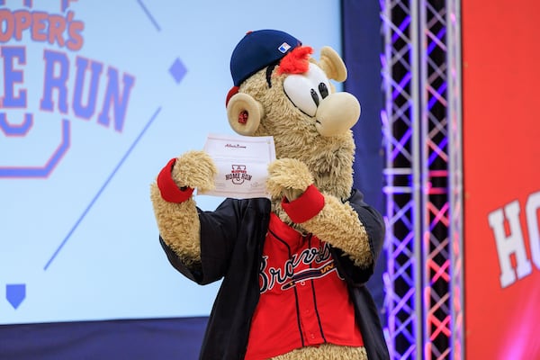 Braves players don't appear at Blooper's school shows, but they pop up in videos to help teach the students for life lessons.