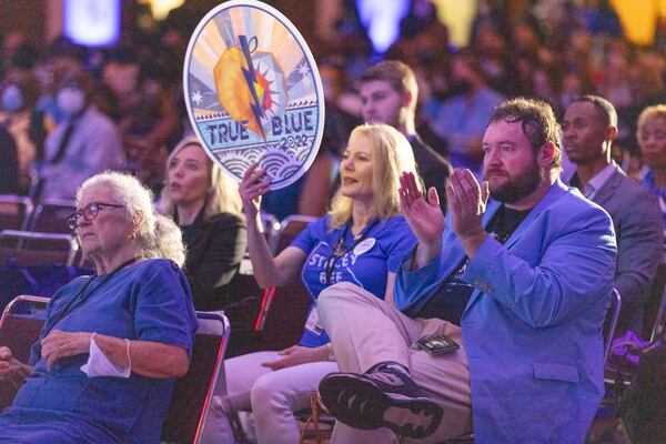 Participants cheer on the speakers at the Democratic Party of Georgia’s State Convention in Columbus, Georgia, Saturday, August 27, 2022. Steve Schaefer/steve.schaefer@ajc.com)