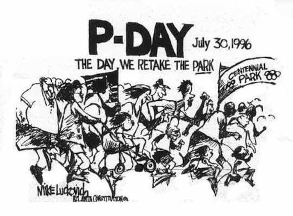 A cartoon by editorial cartoonist Mike Luckovich from July 1996: Celebrating the reopening of the Olympic Park after the bombing.