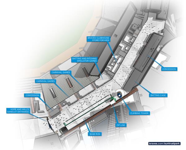 SunTrust Park will feature a kid-friendly area from Children's Healthcare of Atlanta that will have a zip line, a climbing tower, a batting cage and more.