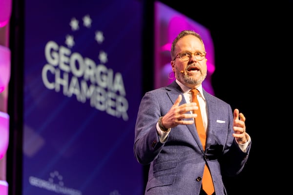 Georgia Chamber of Commerce President Chris Clark speaks at the chamber’s annual Eggs & Issues breakfast in Atlanta on Wednesday, Jan. 11, 2023. (Arvin Temkar/AJC)