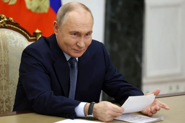 Russian President Vladimir Putin speaks during a meeting with the leadership of the Russian Ministry of Defense, representatives of the military-industrial complex and developers of missile systems at the Kremlin in Moscow, Russia, Friday, Nov. 22, 2024. (Vyacheslav Prokofyev/Sputnik, Kremlin Pool Photo via AP)