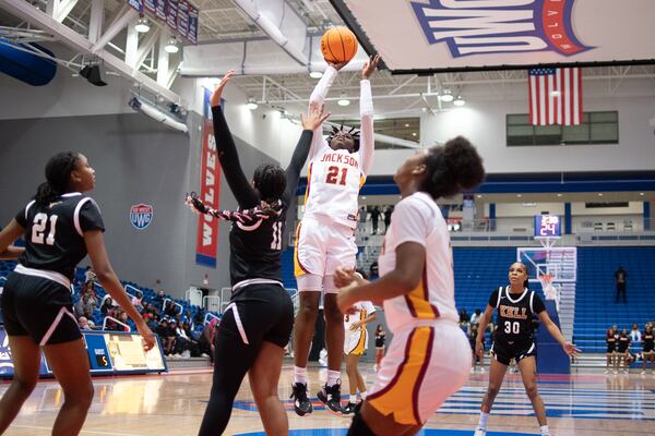 Shakira Gresham takes a jump shot during the GHSA AAAAA girls Kell vs Jackson basketball semifinals playoff game at West Georgia College on March 3, 2023. Jamie Spaar for the Atlanta Journal-Constitution