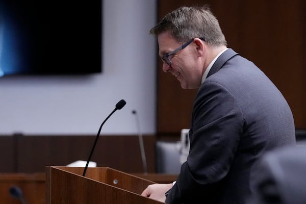 Lake County, Ill., State's Attorney Eric Rinehart asks questions during the jury selection for the trial of Robert E. Crimo III., at the Lake County Courthouse, Waukegan, Ill., Monday, Feb. 24, 2025. (AP Photo/Nam Y. Huh, Pool)