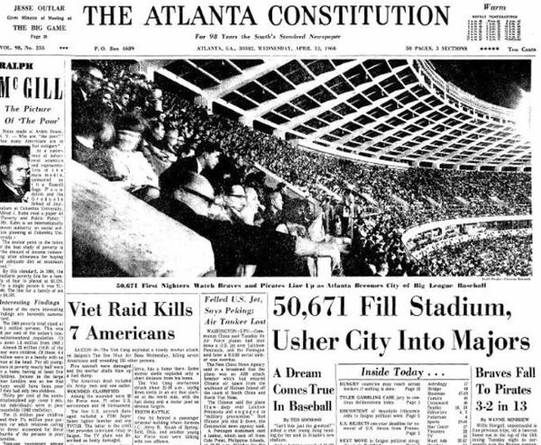 Baseball fans of all ages packed the new Atlanta Stadium in April 1966 to see the Braves play their first home game against the Pirates.