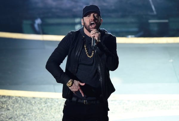 Eminem performs "Lose Yourself" at the Oscars on Sunday, Feb. 9, 2020, at the Dolby Theatre in Los Angeles. (AP Photo/Chris Pizzello)