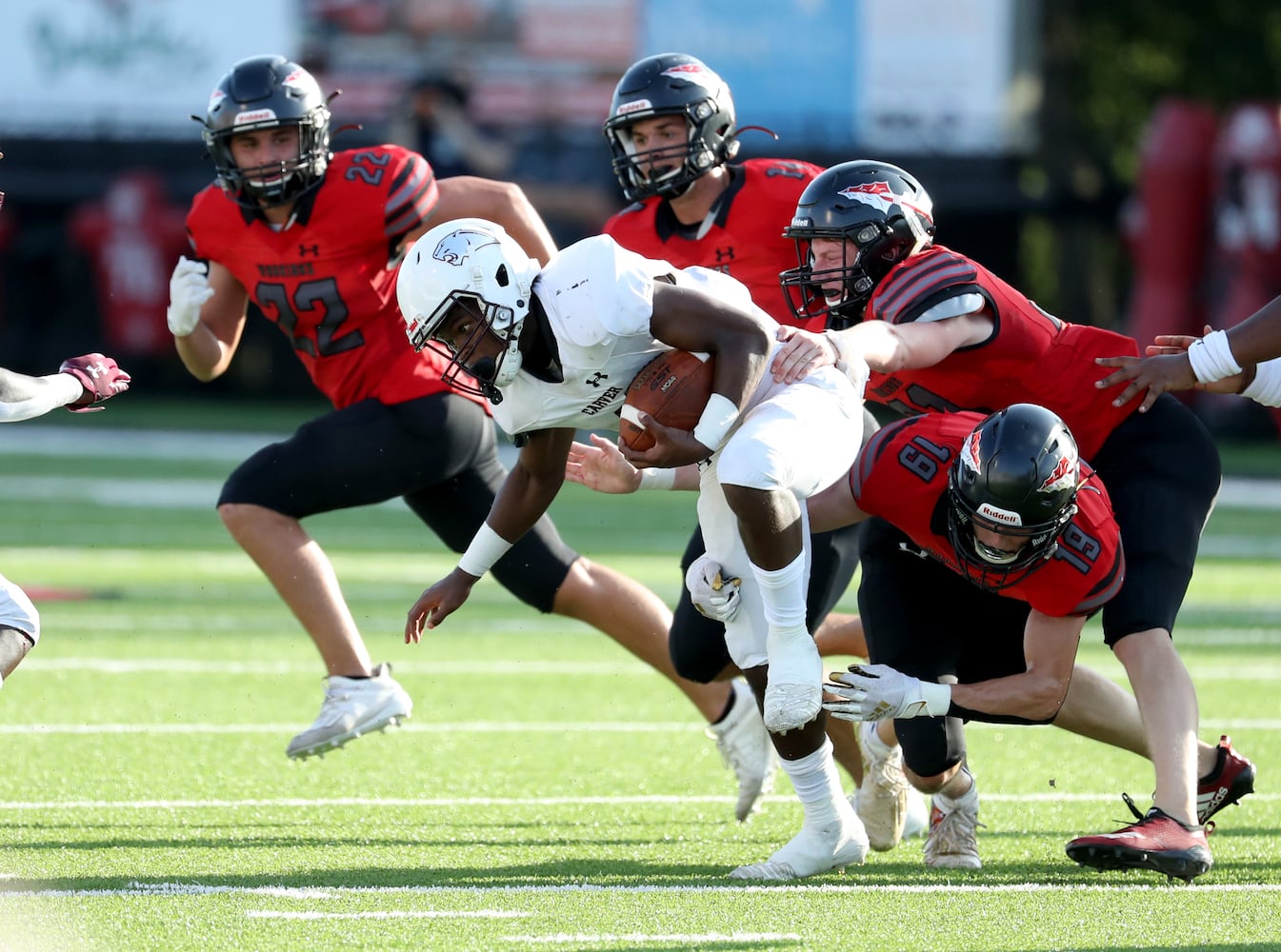 Carver-Atlanta running back Jarveous Brown (3) runs against the Cherokee defense in the first half at Cherokee high school Wednesday, September 2, 2020 in Canton, Ga.. JASON GETZ FOR THE ATLANTA JOURNAL-CONSTITUTION