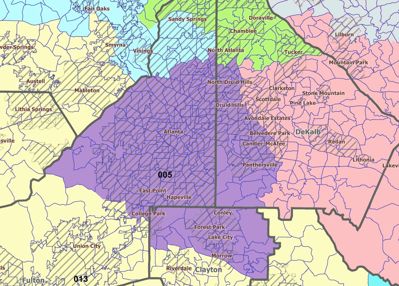 The state of Georgia is represented in the U.S. House of Representatives by election officials from 14 districts.  The city of Atlanta is located in Georgia's 5th congressional district.