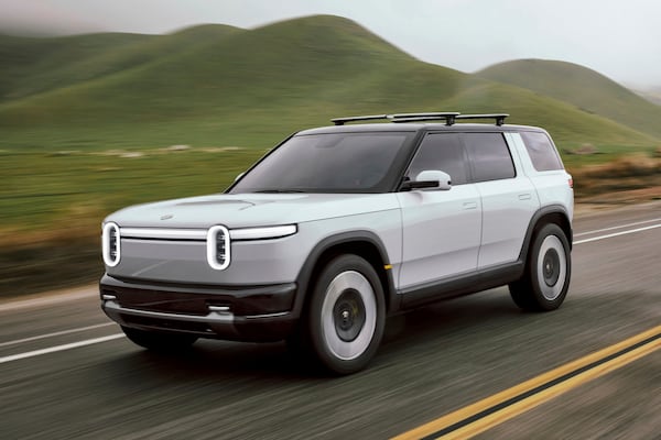 This photo provided by Rivian shows the upcoming Rivian R2, a smaller five-passenger all-electric SUV from the upstart automaker. (Courtesy of Rivian Automotive via AP)