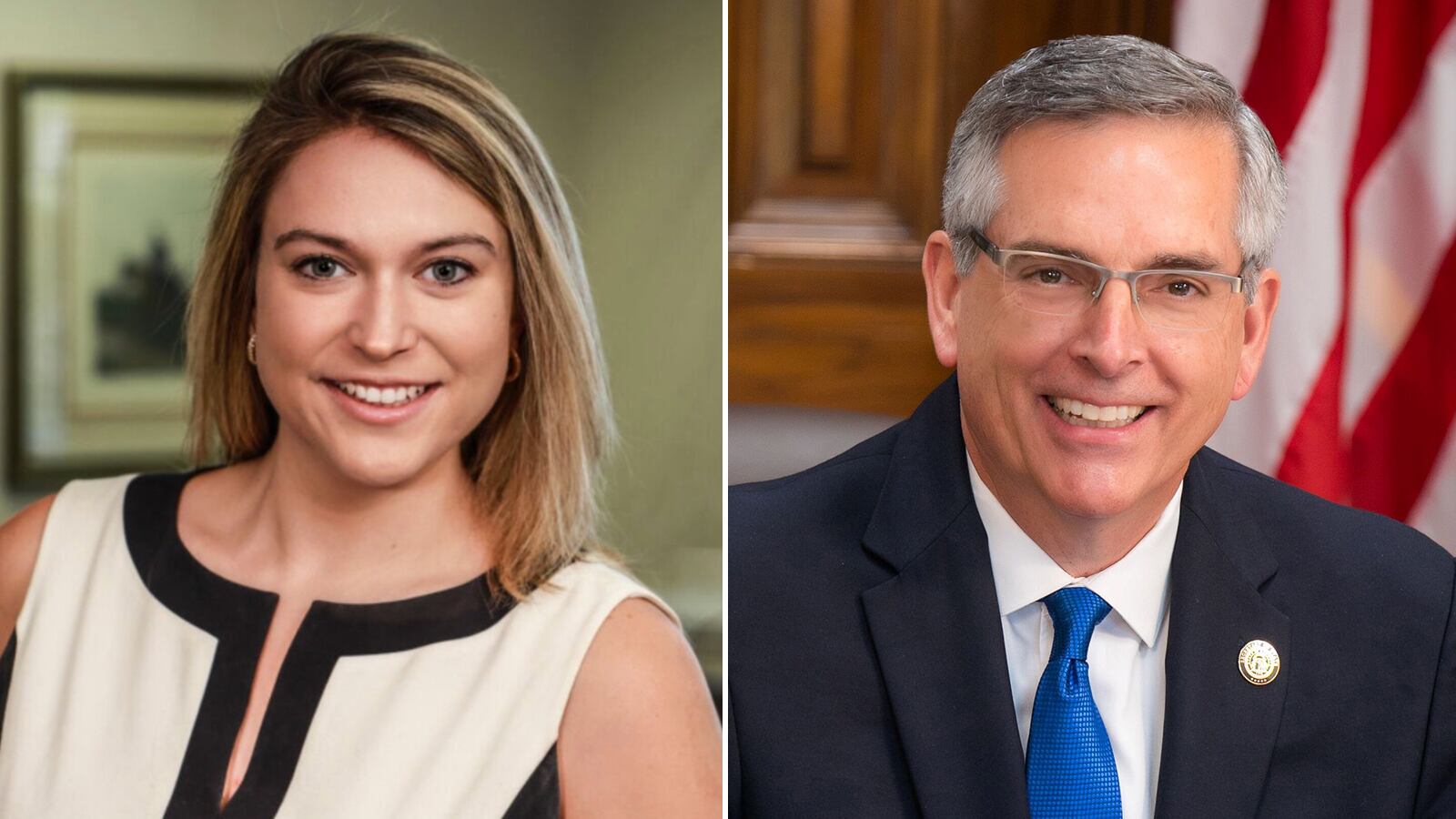 Jordan Fuchs, left, who works in the office of Secretary of State Brad Raffensperger, right, will be a guest on the "Politically Georgia" show. 