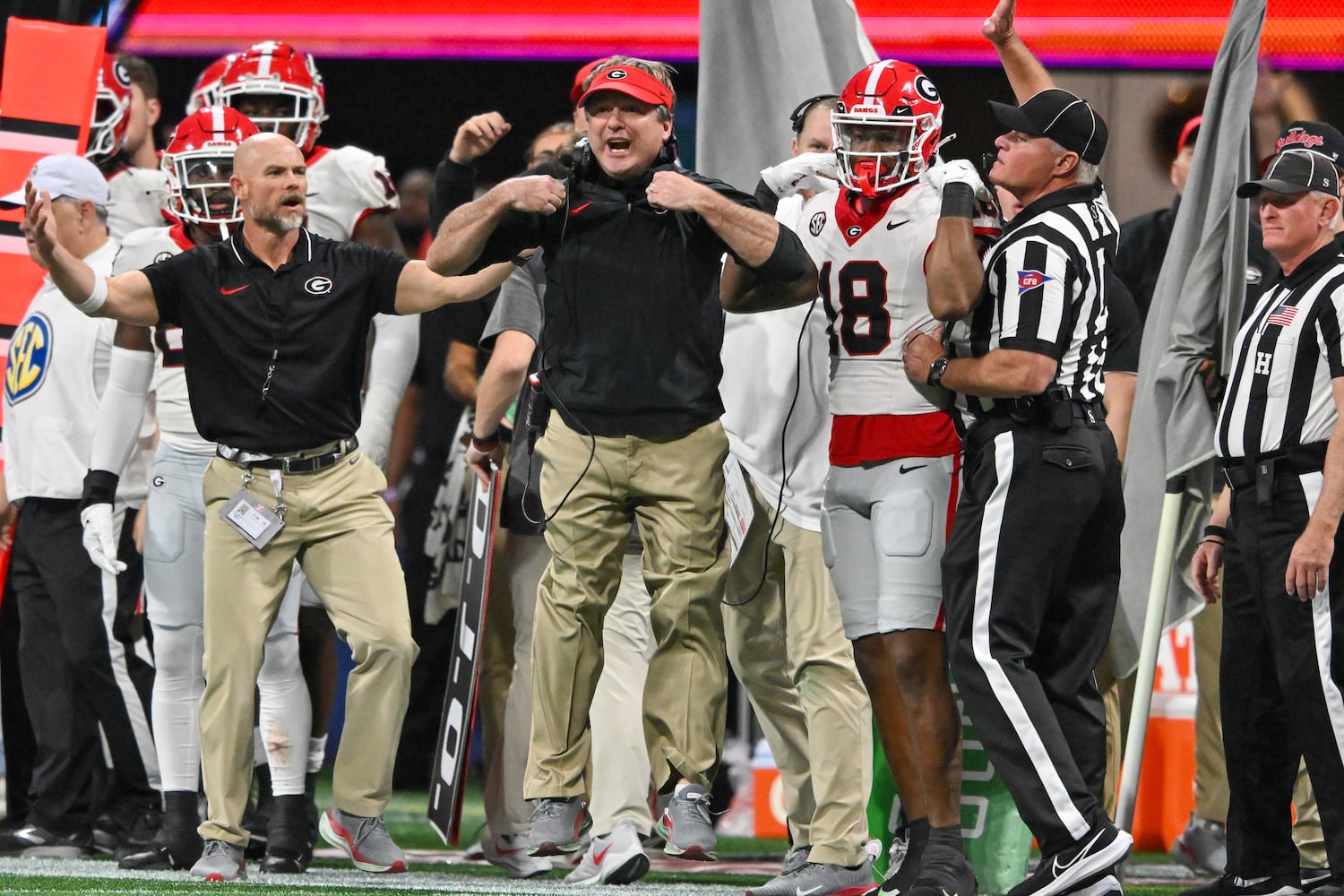 Georgia Bulldogs head coach Kirby Smart reacts on the sideline against the Alabama Crimson Tide during the second half of the SEC Championship football game at the Mercedes-Benz Stadium in Atlanta, on Saturday, December 2, 2023. (Hyosub Shin / Hyosub.Shin@ajc.com)