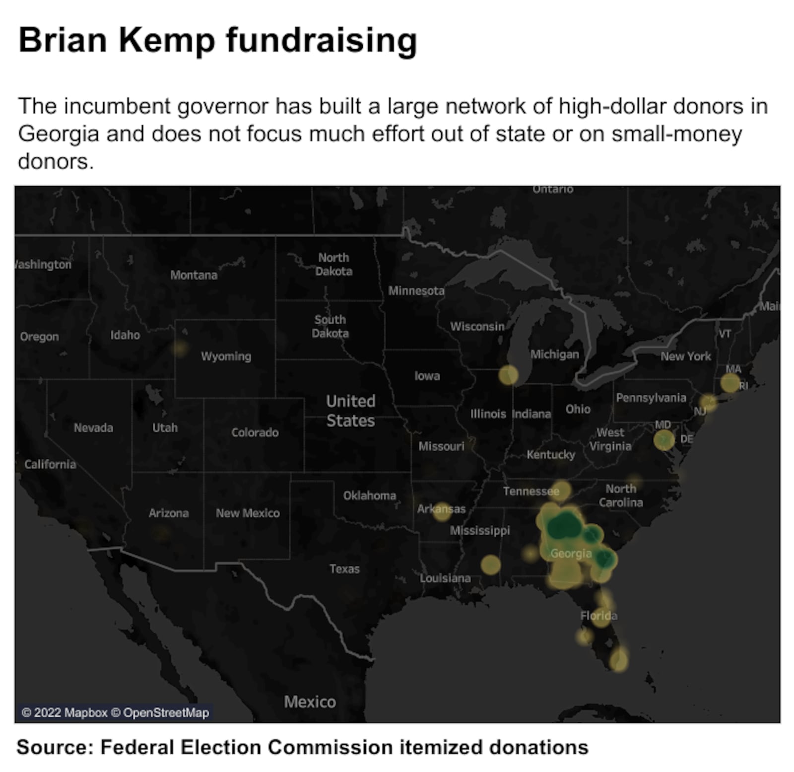 The incumbent governor has built a large network of high-dollar donors in Georgia and does not focus much effort out of state or on small-money donors.