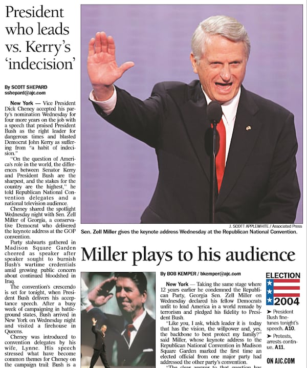 AJC front page from 2004 after Zell Miller's fiery speech at the Republican National Convention. (AJC archives)