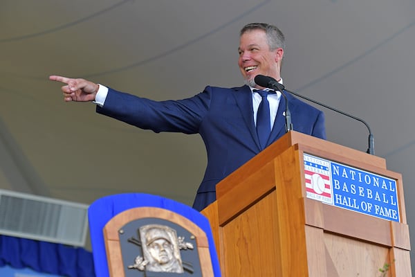 Braves legend Chipper Jones singles out former manager Bobby Cox as he thanks to him during his induction ceremony Sunday, July 29, 2018, at the 2018 National Baseball Hall of Fame in Cooperstown, N.Y.