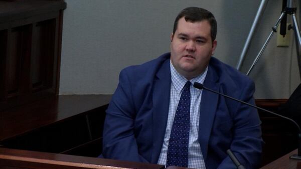 Crime scene investigator Brad Shumpert is questioned by prosecutor Jesse Evans during Justin Ross Harris' murder trial at the Glynn County Courthouse in Brunswick, Ga., Wednesday, Oct. 5, 2016. (screen capture via WSBTV)