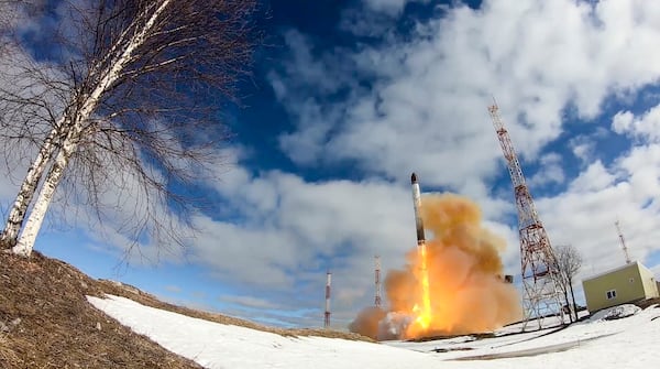 FILE - In this photo released by Russian Defense Ministry Press Service on April 20, 2022, a Sarmat intercontinental ballistic missile is launched from Plesetsk in northwestern Russia. (Russian Defense Ministry Press Service via AP, File)