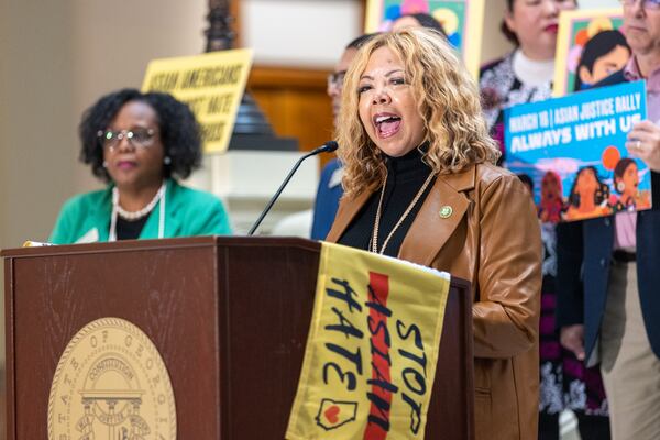 U.S. Rep. Lucy McBath, D-Georgia, speaks against gun violence at a press conference at the Capitol on Thursday, March 16, 2023, the second anniversary the Atlanta spa shootings. (Arvin Temkar / arvin.temkar@ajc.com)