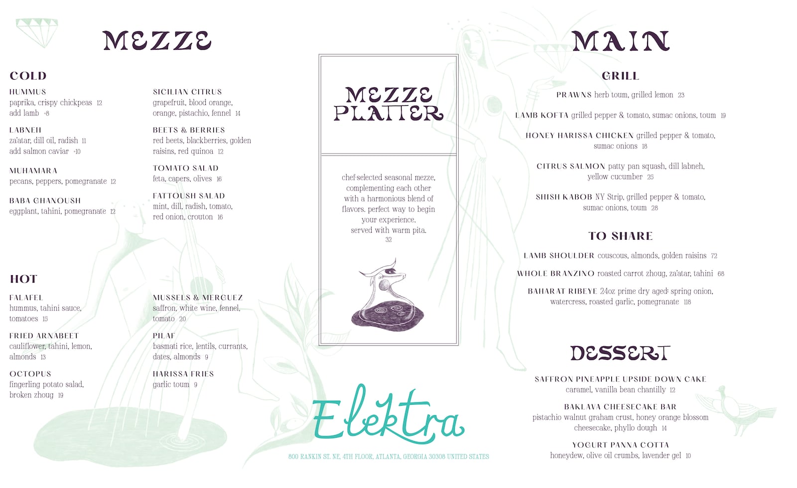 The dinner menu at Elektra.