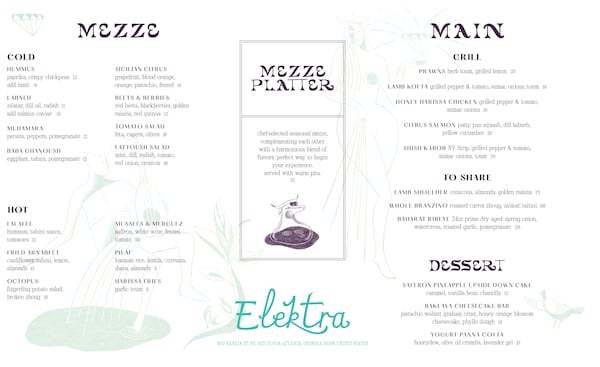 The dinner menu at Elektra.