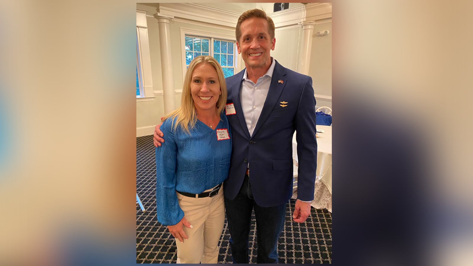 Republican U.S. Reps. Marjorie Taylor Greene of Rome and Rich McCormick of Suwanee during happier times. CNN was the first to report the two were recently involved in a confrontation during which Greene said McCormick touched her in an aggressive and inappropriate manner. McCormick said that when he touched her on the shoulders, it was meant to be a "friendly gesture" and that he apologized when Greene said she was offended.