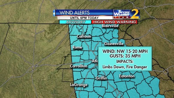 North Georgia is under a wind advisory until 6 p.m. (Credit: Channel 2 Action News)