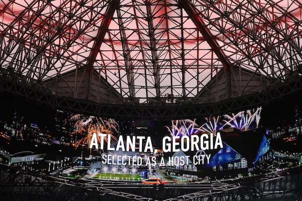 The Mercedes-Benz Stadium 360-degree HD video screen helps announce Atlanta has been selected as a host city for the 2026 World Cup at Mercedes-Benz Stadium on Thursday, June 16, 2022, in Atlanta.     “Curtis Compton / Curtis.Compton@ajc.com”