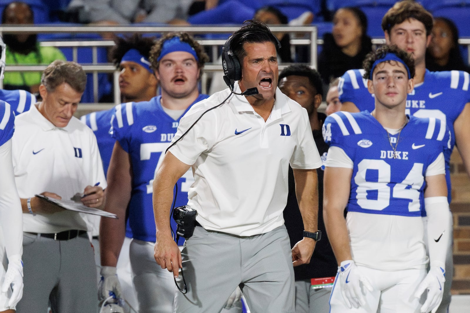 Duke head coach Manny Diaz reacts to a call during the first half of an NCAA college football game against SMU in Durham, N.C., Saturday, Oct. 26, 2024. (AP Photo/Ben McKeown)