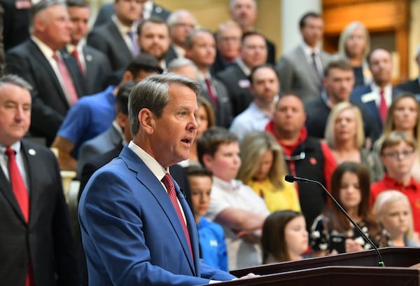 Gov. Brian Kemp speaks before he signs legislation that allows parents who don’t want their children wearing masks to opt out of any school district mandates at the Georgia State Capitol on Tuesday, March 29, 2022. Gov. Brian Kemp on Tuesday  (Hyosub Shin / Hyosub.Shin@ajc.com)