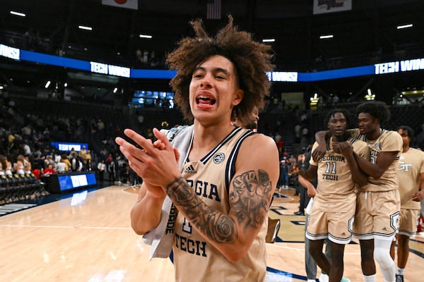 Georgia Tech guard Naithan George reacts after the Yellow Jackets' win over NC State on March 1.