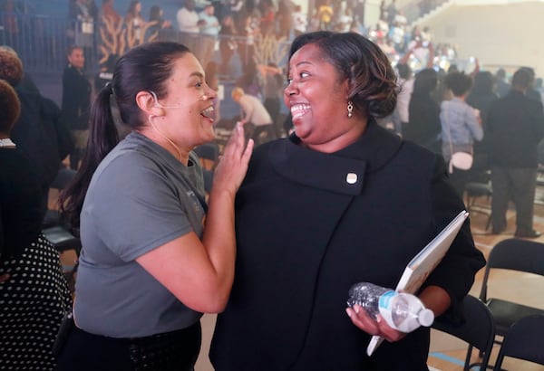 Atlanta Public Schools Superintendent Meria Carstarphen shares a moment with Harper-Archer Elementary School Principal Dione Simon Taylor, at the close of Carstarphen's final State of the District address.  Bob Andres / robert.andres@ajc.com