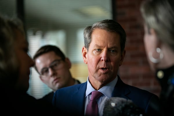 Gov. Brian Kemp of Georgia speaks to the media following a tour of McEachern High School in Powder Springs, Georgia, on Thursday, February 13, 2020. (Photo/Rebecca Wright for the AJC)