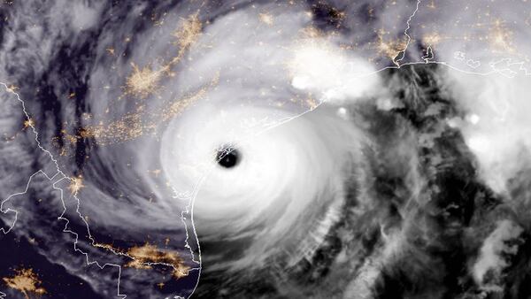 UNITED STATES - AUGUST 25: In this NOAA handout image, NOAA's GOES East satellite capture of Hurricane Harvey shows the storm making landfall shortly after 8:00pm CDT on August 25, 2017 on the mid-Texas coast. Now at category 4 strength, Harvey's maximum sustained winds had increased to 130 miles per hour. (Photo by NASA/NOAA GOES Project via Getty Images)