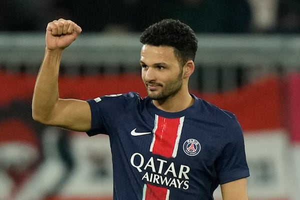 PSG's Goncalo Ramos celebrates after scoring the opening goal against FC Salzburg during a Champions League opening match in Salzburg, Austria, on Tuesday, December 10, 2024. (AP Photo/Matthias Schrader)