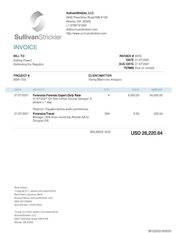 Atlanta tech firm SullivanStrickler billed Sidney Powell's organization, Defending the Republic, over $26,000 for copying election data in Coffee County on Jan. 7, 2021.