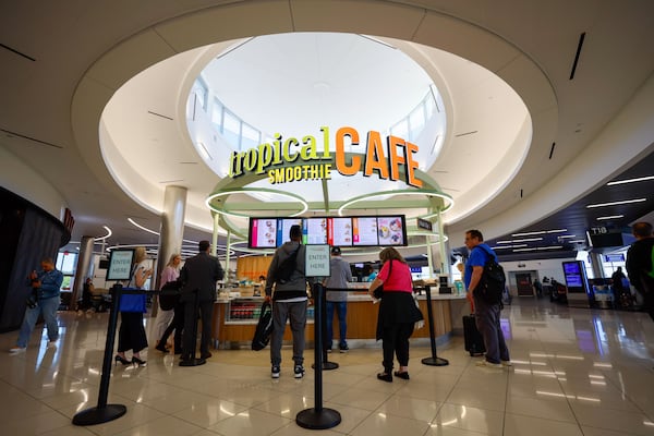 Tropical Smoothie Cafe from concessionaire Paradies Lagardère is a 2024 addition to food options in Concourse T. 
(Miguel Martinez / AJC)