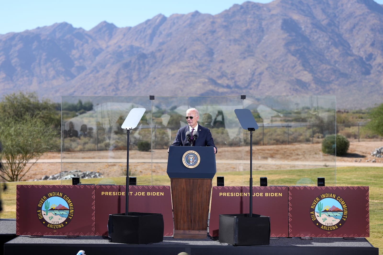 President Joe Biden speaks at the Gila Crossing Community School, Friday, Oct. 25, 2024, in Laveen, Ariz. (AP Photo/Rick Scuteri)