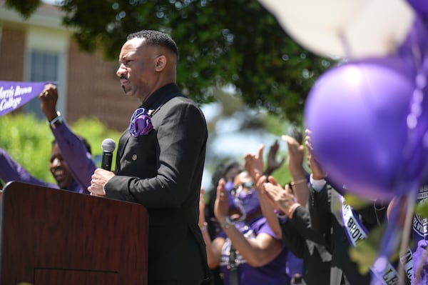 Morris Brown President Kevin E. James speaks at a press conference announcing the college’s accreditation status in Atlanta on Thursday, April 28, 2022. (Natrice Miller / natrice.miller@ajc.com)