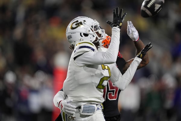 Georgia Tech wide receiver Eric Singleton Jr. (2) misses a pass during the first half of an NCAA college football game against North Carolina State, Thursday, Nov. 21, 2024, in Atlanta. (AP Photo/Brynn Anderson)