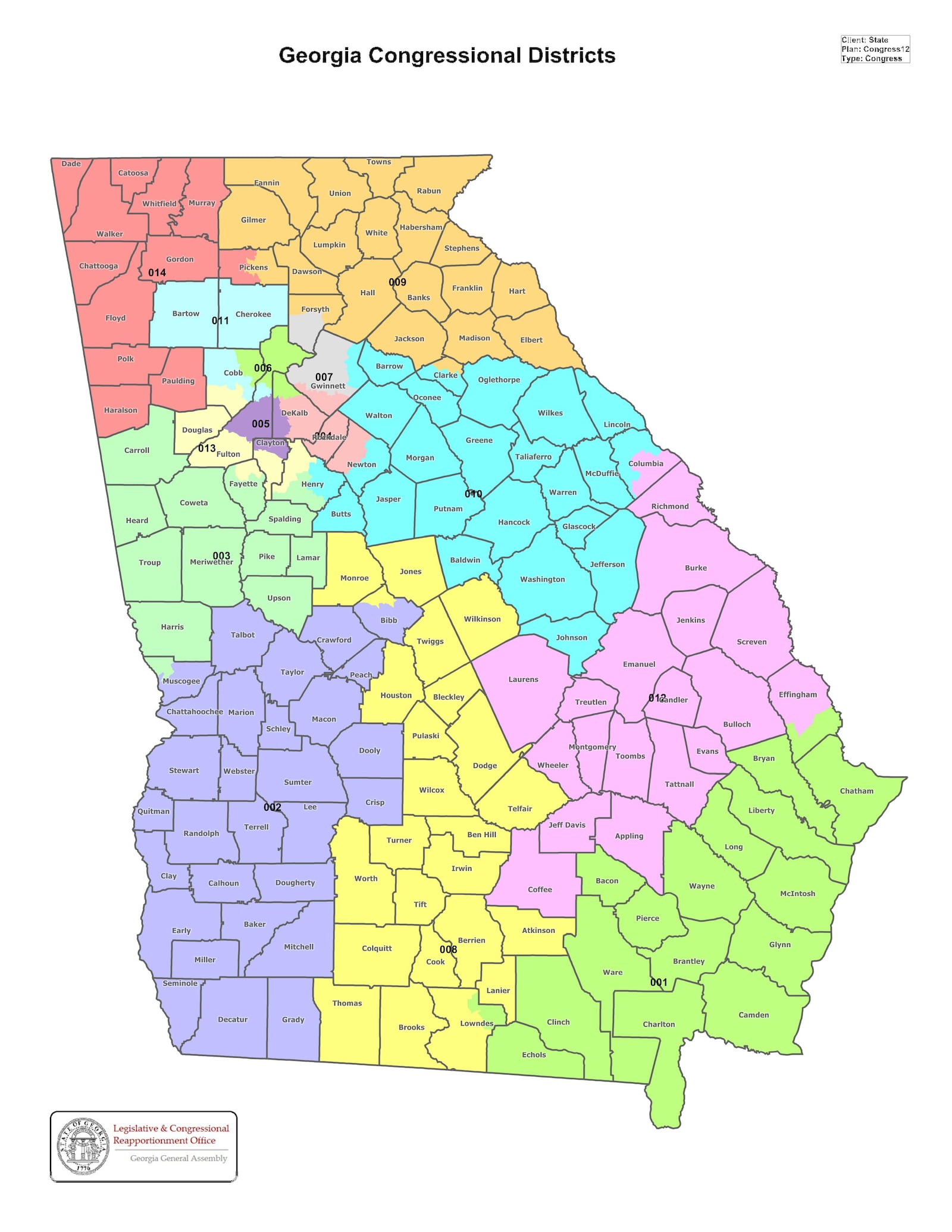 The state of Georgia is represented in the U.S. House of Representatives by elected officials from 14 congressional districts. (Georgia Legislative and Congressional Office map)