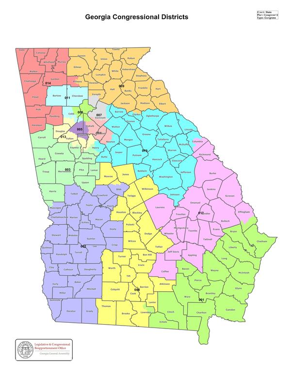 The state of Georgia is represented in the U.S. House of Representatives by elected officials from 14 congressional districts. (Georgia Legislative and Congressional Office map)