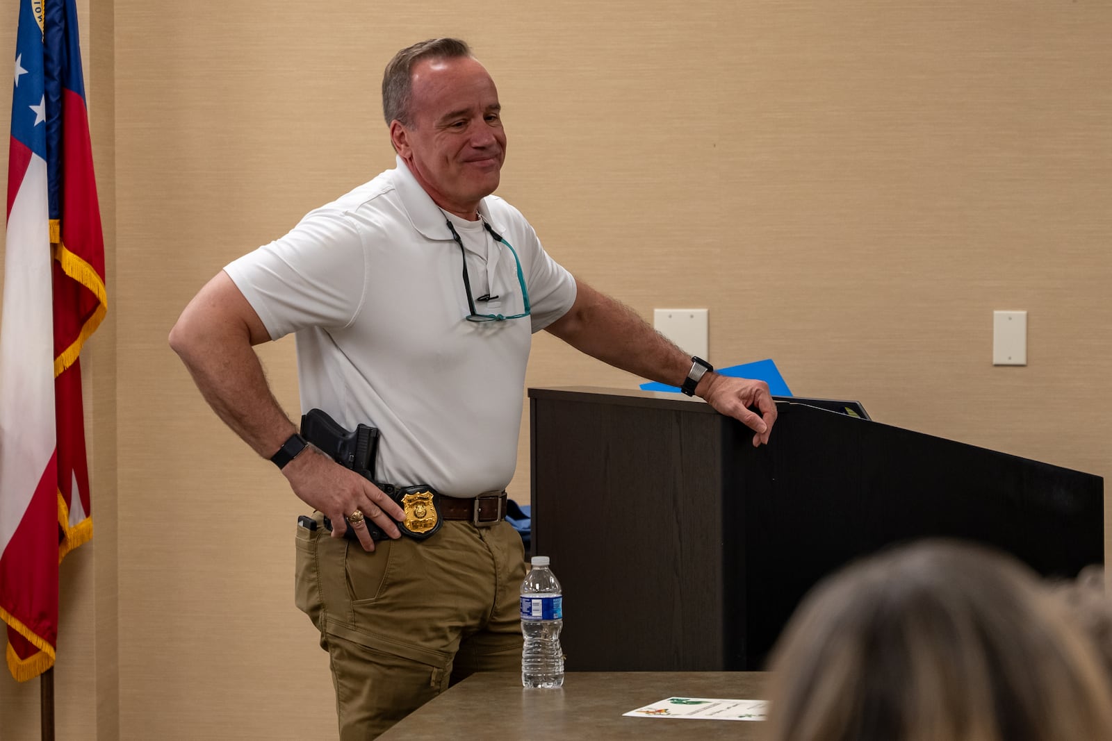 Chris Harvey of the Georgia Peace Officer Standards & Training Council speaks about election security on Friday in Dallas. Harvey says he hopes the climate around this year's election will not "get worse than it did in 2020, but I think there’s a chance it will.” (Atlanta Journal-Constitution/Jason Allen)